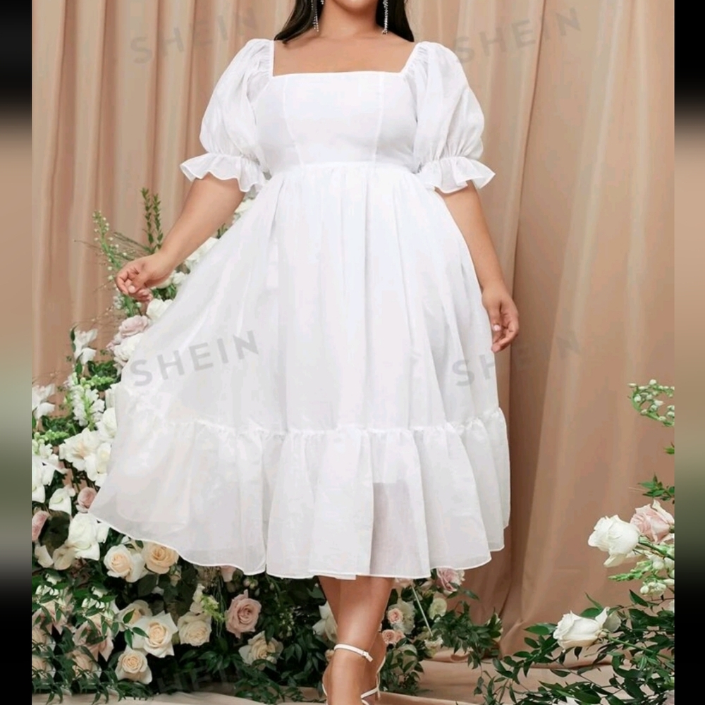 NEW White Square Neck Milkmaid Puff Sleve Midi Dress - Picture 1 of 10
